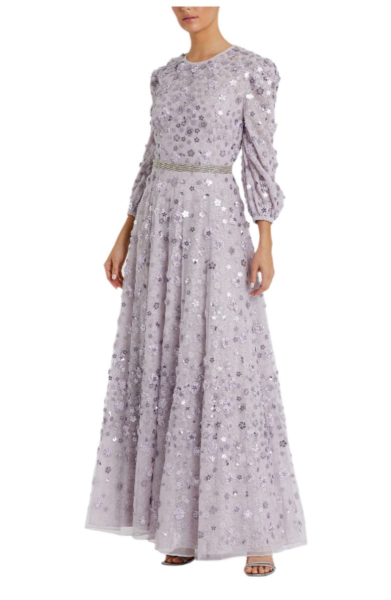 Mac Duggal Floral Appliqué A-Line Gown with Illusion Neckline & Sheer Long Sleeves, Main, color, Lavender