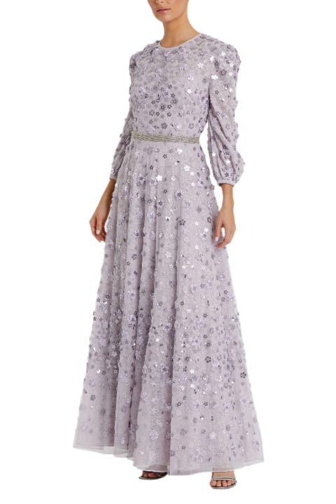 Floral Appliqué A-Line Gown with Illusion Neckline & Sheer Long Sleeves