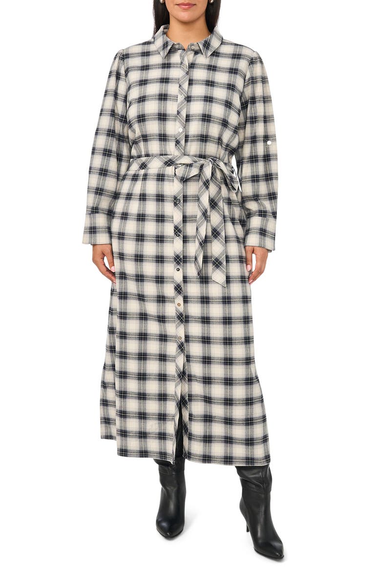 Plaid Belted Shirtdress, Main, color, RICH BLACK