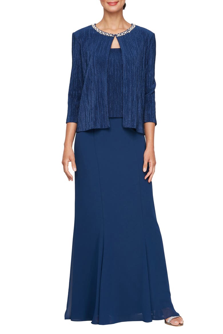 Metallic Mock Two-Piece Gown with Jacket, Main, color, COBALT