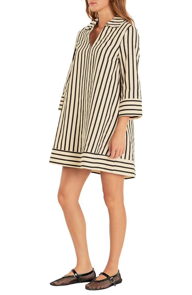 English Factory Stripe Three-Quarter Sleeve Dress, Alternate, color, Beige/ Black