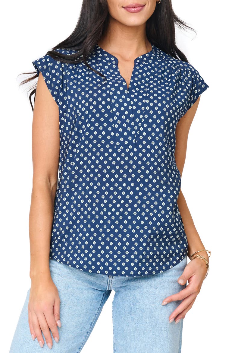 Split Neck Cap Sleeve High-Low Top, Main, color, NAVY DAISY