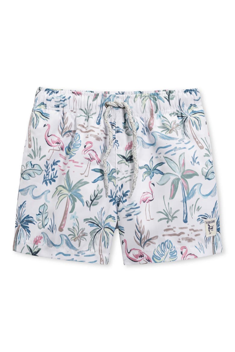 Kids' Flamingo Print Swim Trunks, Main, color, WHITE