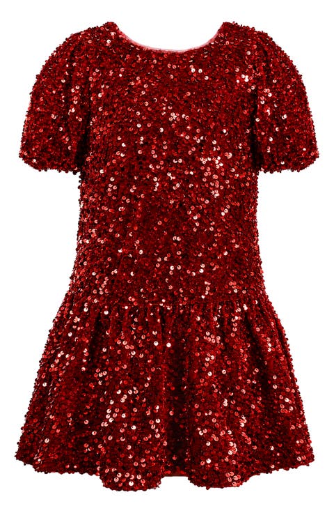 Kids' Sequin Puff Sleeve Velvet Party Dress