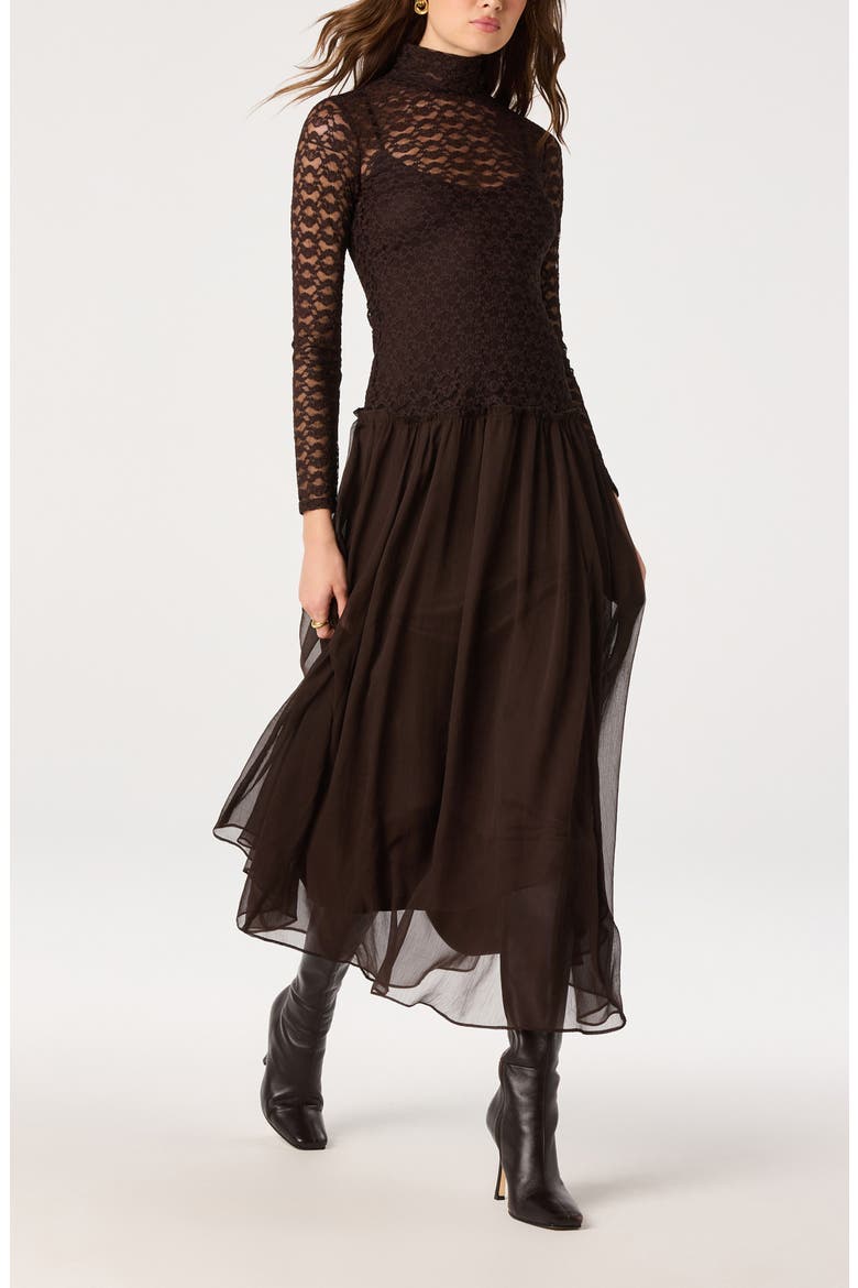Camila Lace Mock Neck Midi Dress, Alternate, color, ESPRESSO