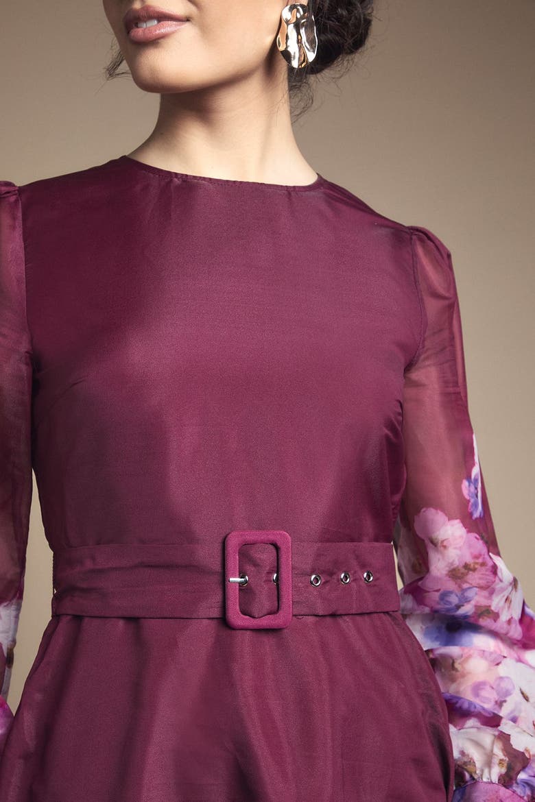 Organza Floral Print Belted Midi Dress, Alternate, color, Berry