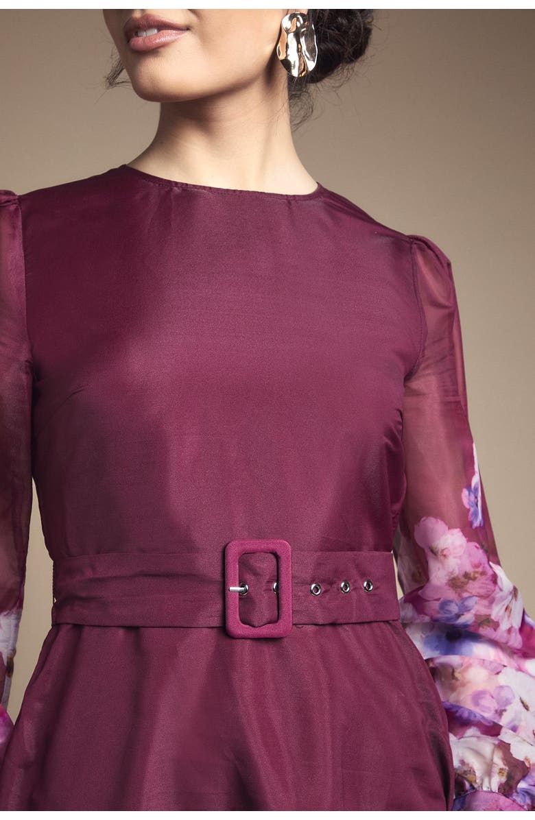 Wallis Organza Floral Print Belted Midi Dress, Alternate, color, Berry