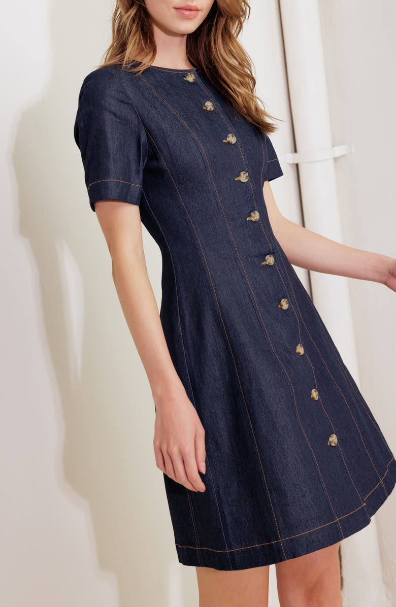 FREEMARKET Short Sleeve A-Line Cotton Blend Denim Minidress, Alternate, color,
