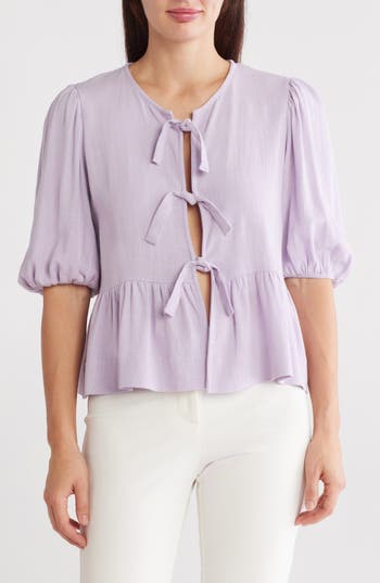 Renee C Tie Front Peplum Top In Lavender