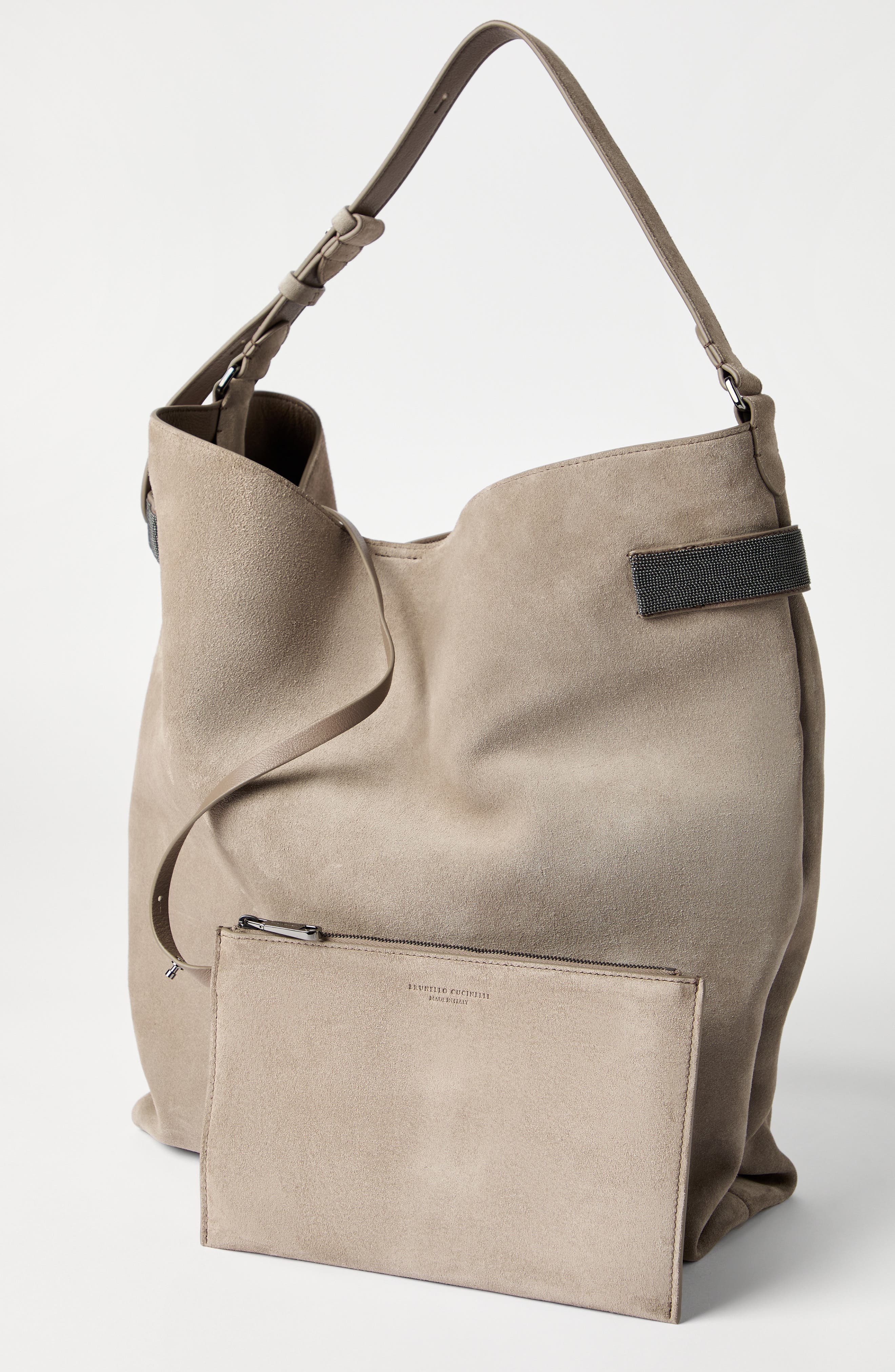 Brunello Cucinelli Suede essence hobo bag, Alternate, color, Grey