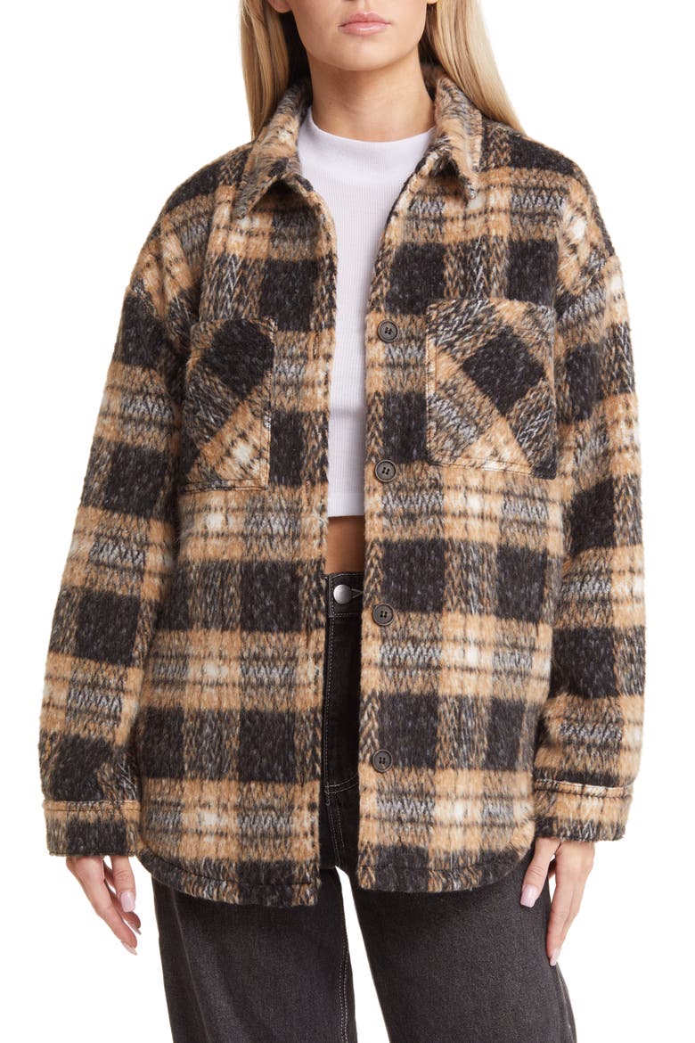 Plaid Woven Shacket, Main, color, BROWN COMBO