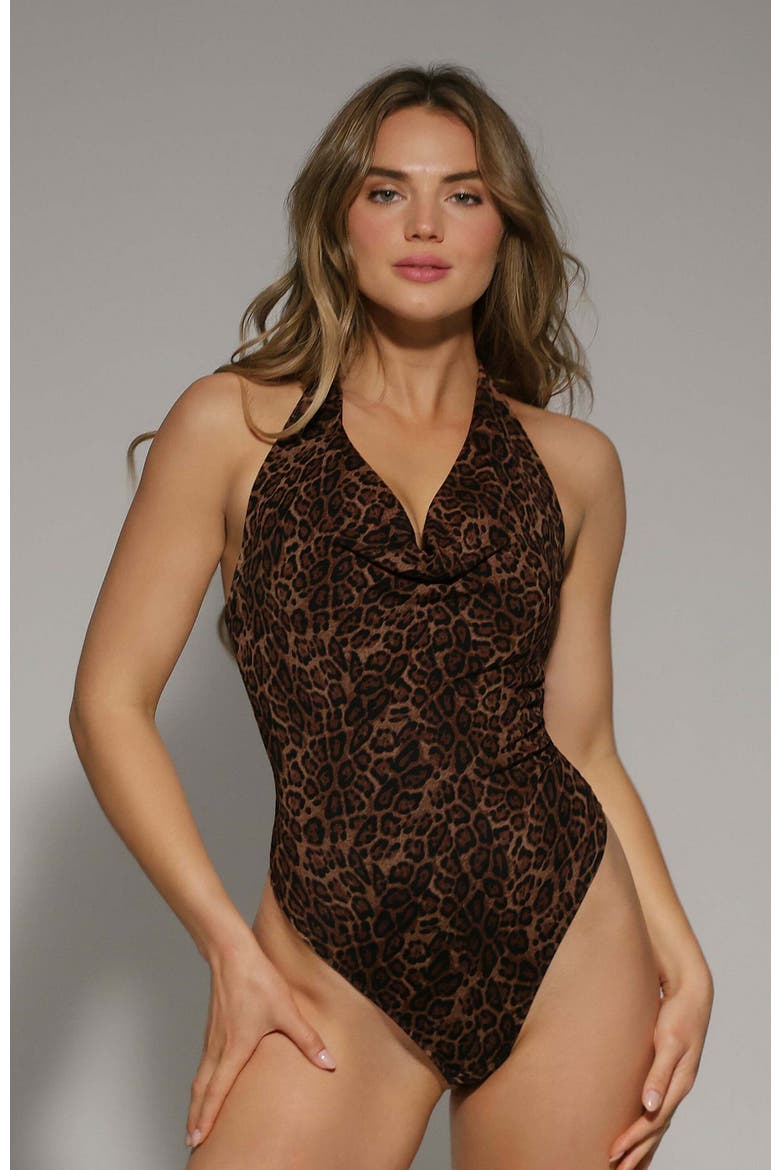 Built-in Cowl Neck Halter Shapewear Bodysuit, Alternate, color, Leopard