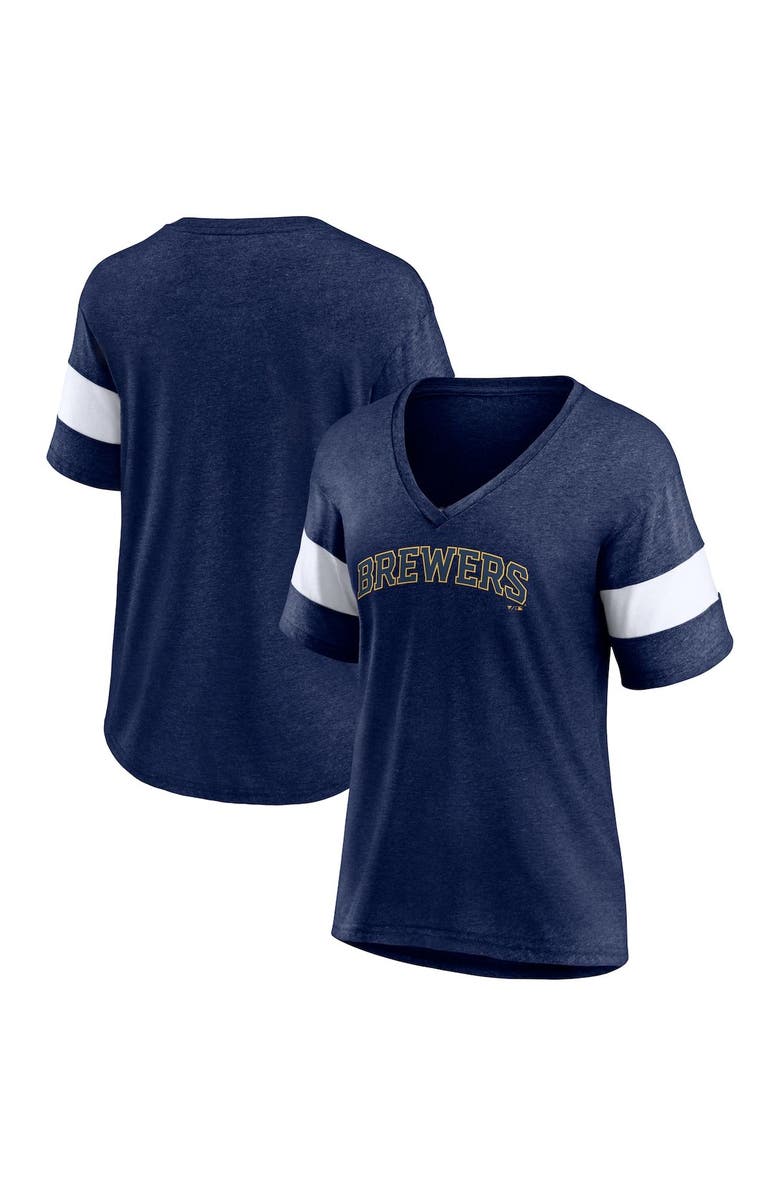 FANATICS Women's Fanatics Branded Heathered Navy Milwaukee Brewers Wordmark V-Neck Tri-Blend T-Shirt, Main, color, 