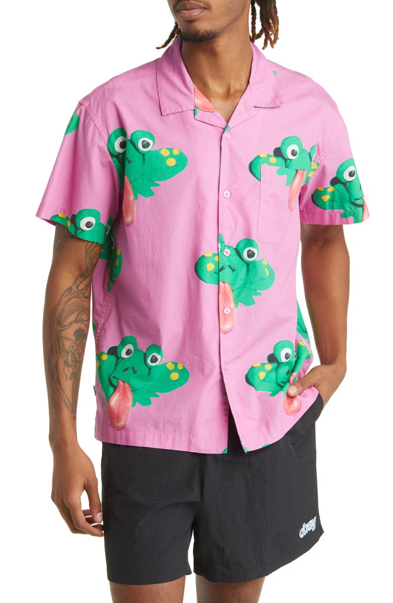 Obey Frogman Pocket Short Sleeve Button-Up Camp Shirt, Main, color, 