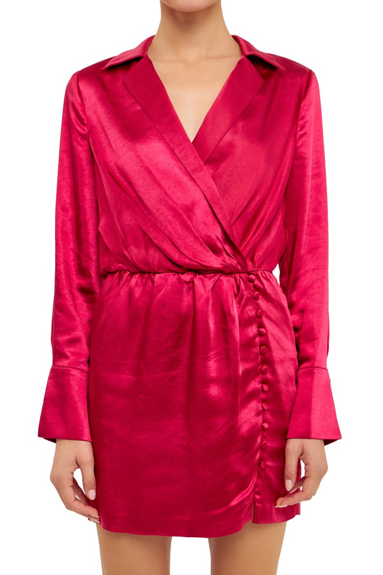 Long Sleeve Satin Minidress, Alternate, color, BERRY
