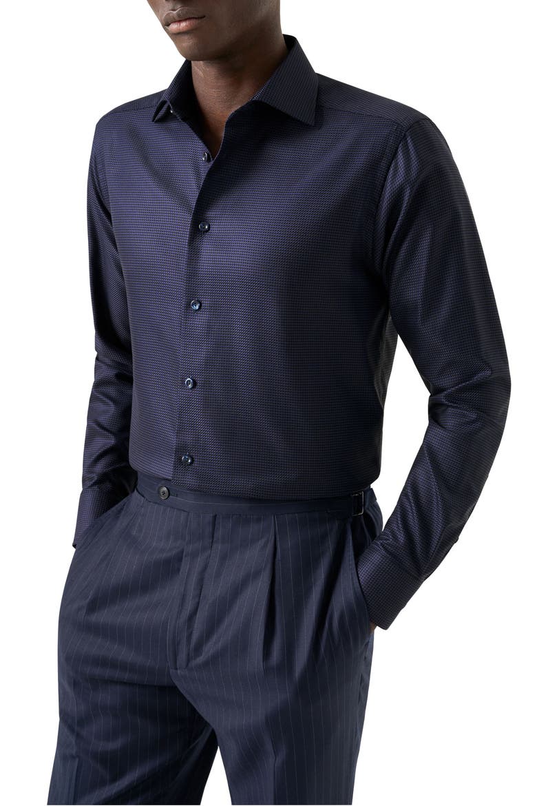 Slim Fit Houndstooth King Twill Dress Shirt, Main, color, NAVY