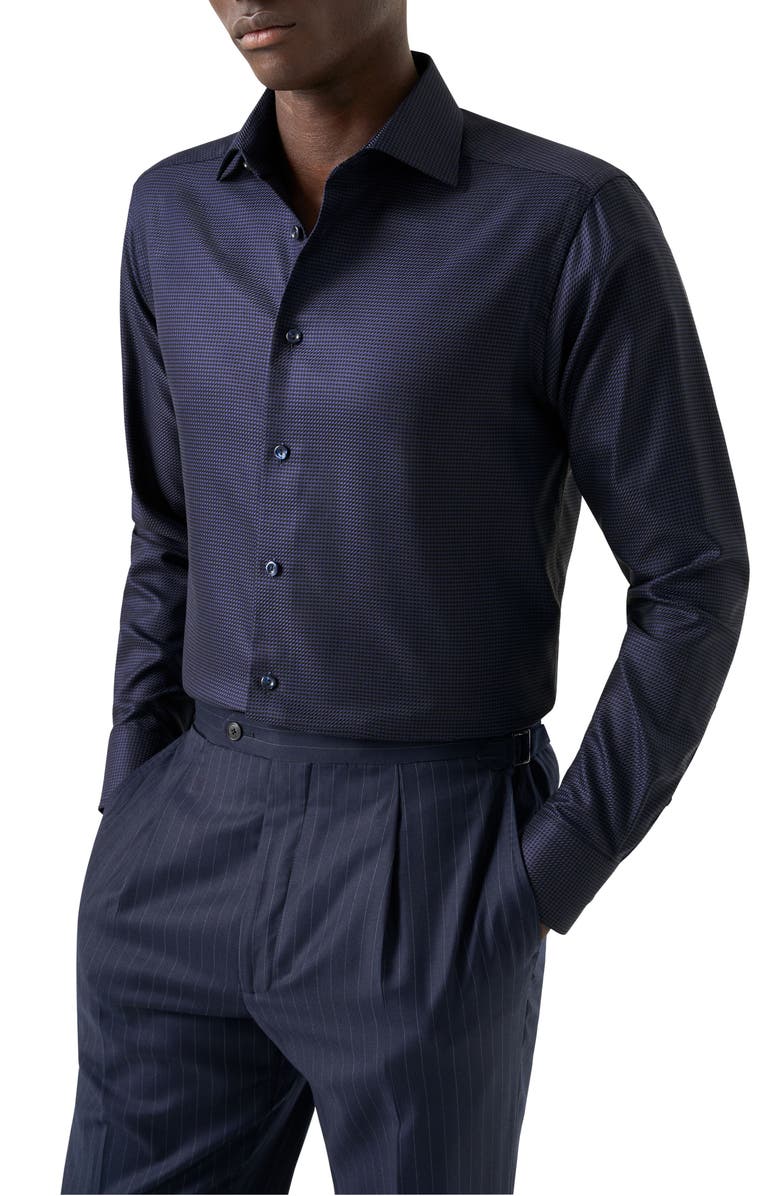 Eton Slim Fit Houndstooth King Twill Dress Shirt, Main, color, Navy