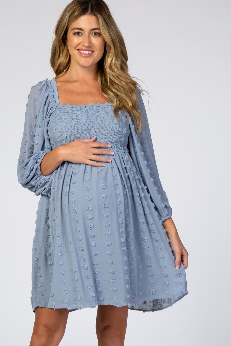 Textured Dot Smocked Square Neck Chiffon Dress, Alternate, color, Light Blue