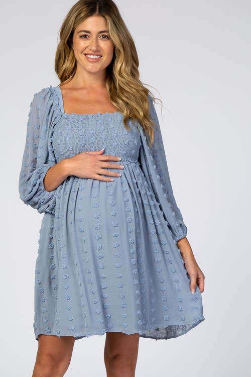 Pinkblush Textured Dot Smocked Square Neck Chiffon Dress In Blue