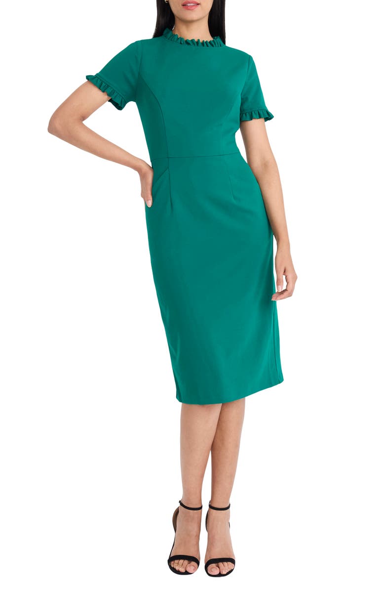 Maggy London Ruffle Short Sleeve Pocket Sheath Dress, Main, color, Aventurine