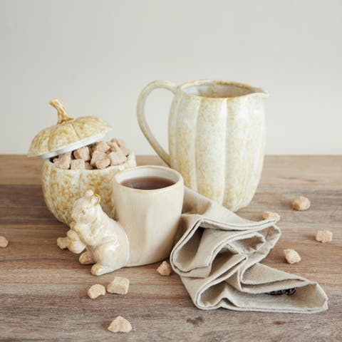 Pumpkin Stoneware Pitcher with Leaf Motif, Reactive Glaze