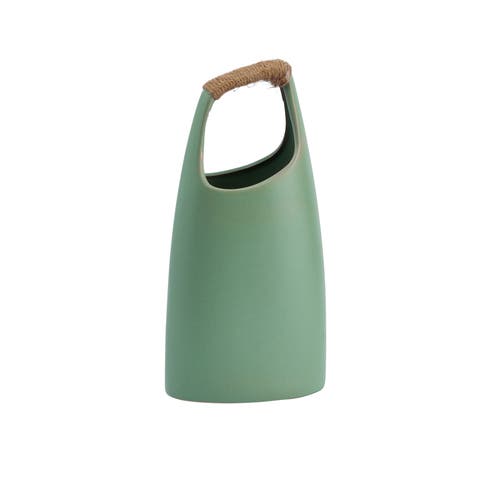 Stoneware Vase with Rattan Wrapped Top Handle, Mint Green