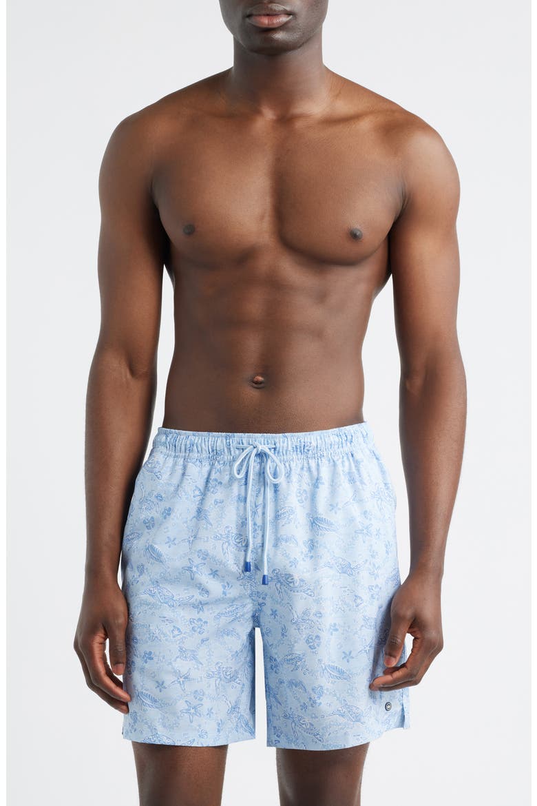 Oahu Turtle Print Swim Trunks, Main, color, STREAM BLUE