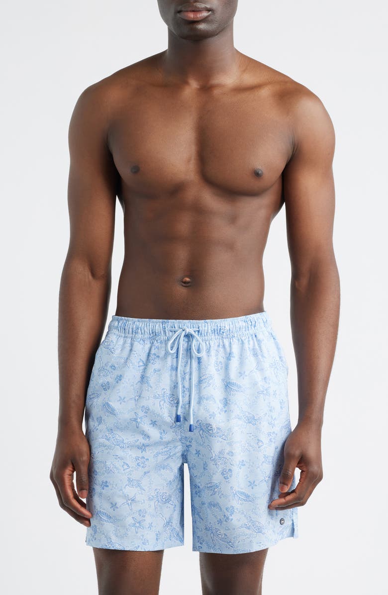 Peter Millar Oahu Turtle Print Swim Trunks, Main, color, Stream Blue