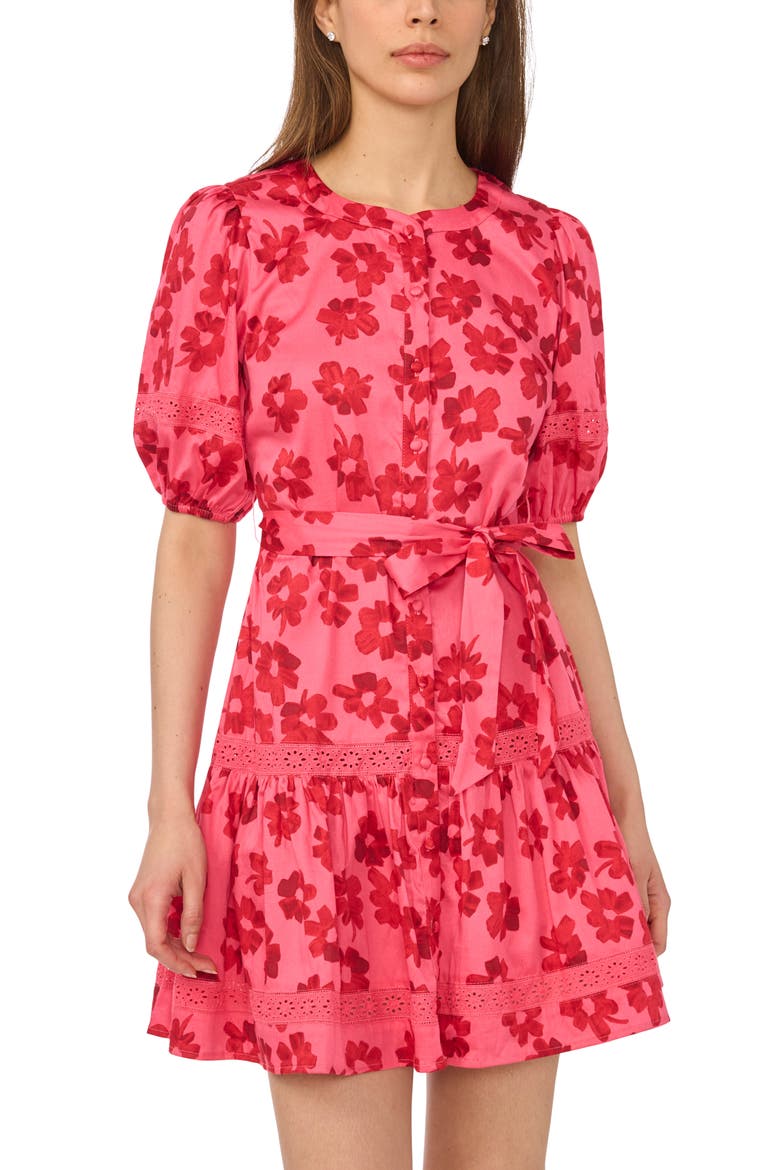 Floral Puff Sleeve Stretch Cotton Minidress, Alternate, color, CLASSIC CHERRY