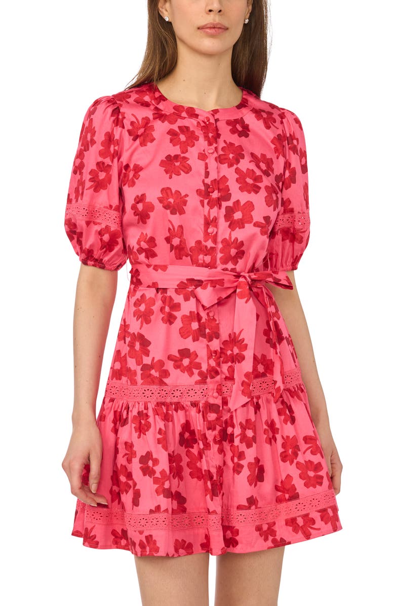 CeCe Floral Puff Sleeve Stretch Cotton Minidress, Alternate, color, 