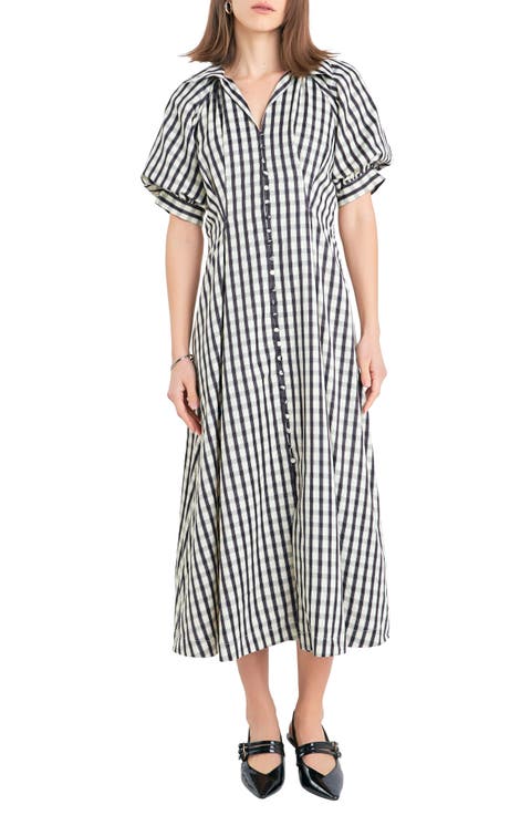 Gingham Puff Sleeve Midi Shirtdress