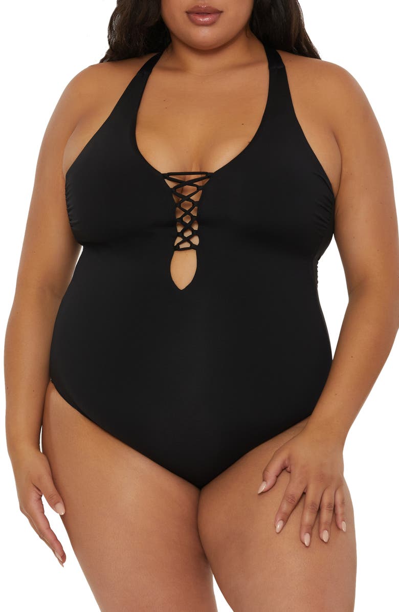 Becca Lace-Up One-Piece Swimsuit, Main, color, Black