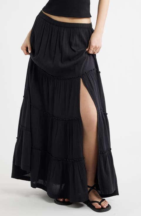 Tiered Linen Blend Crinkled Gauze Maxi Skirt