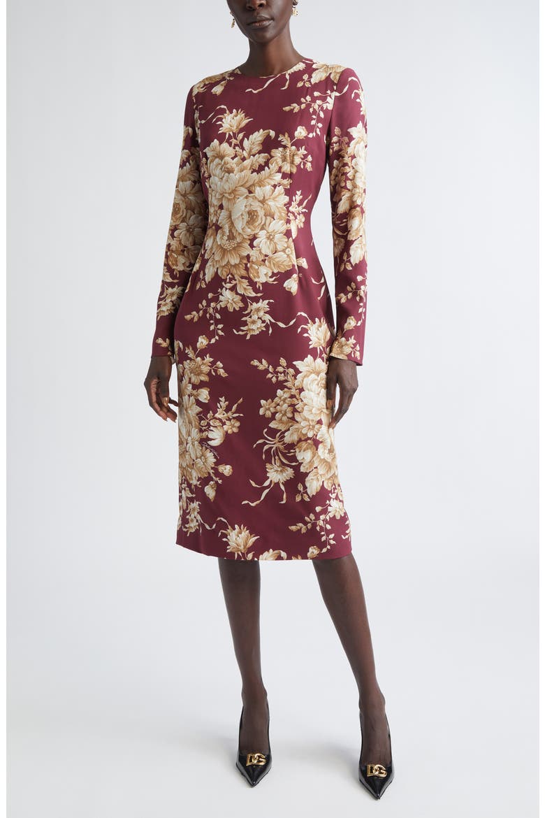 Rose Print Long Sleeve Stretch Silk Charmeuse Sheath Dress, Main, color, ROSE