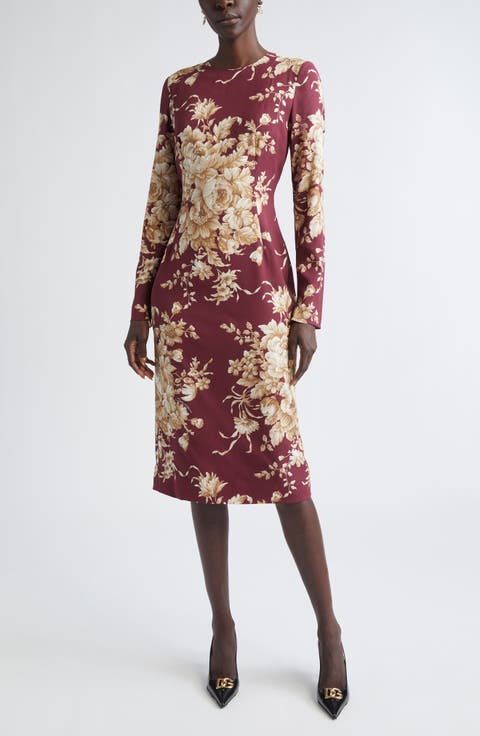 Rose Print Long Sleeve Stretch Silk Charmeuse Sheath Dress