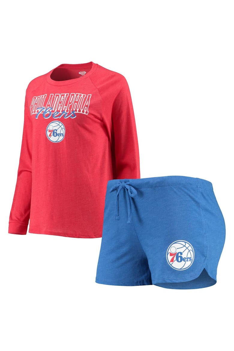 Women's Concepts Sport Heathered Royal/Heathered Red Philadelphia 76ers Raglan Long Sleeve T-Shirt & Shorts Sleep Set, Main, color, Heather Royal