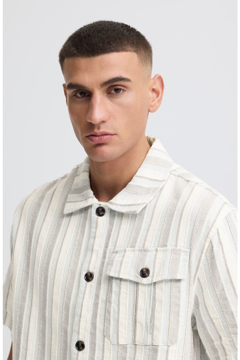 Umber Stripe Short Sleeve Linen Blend Button-Up Shirt, Alternate, color, SKYWAY