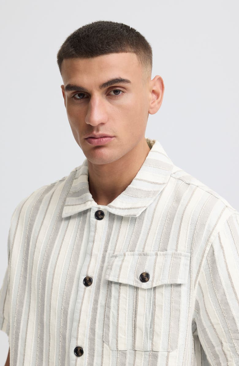 !SOLID Umber Stripe Short Sleeve Linen Blend Button-Up Shirt, Alternate, color, Skyway