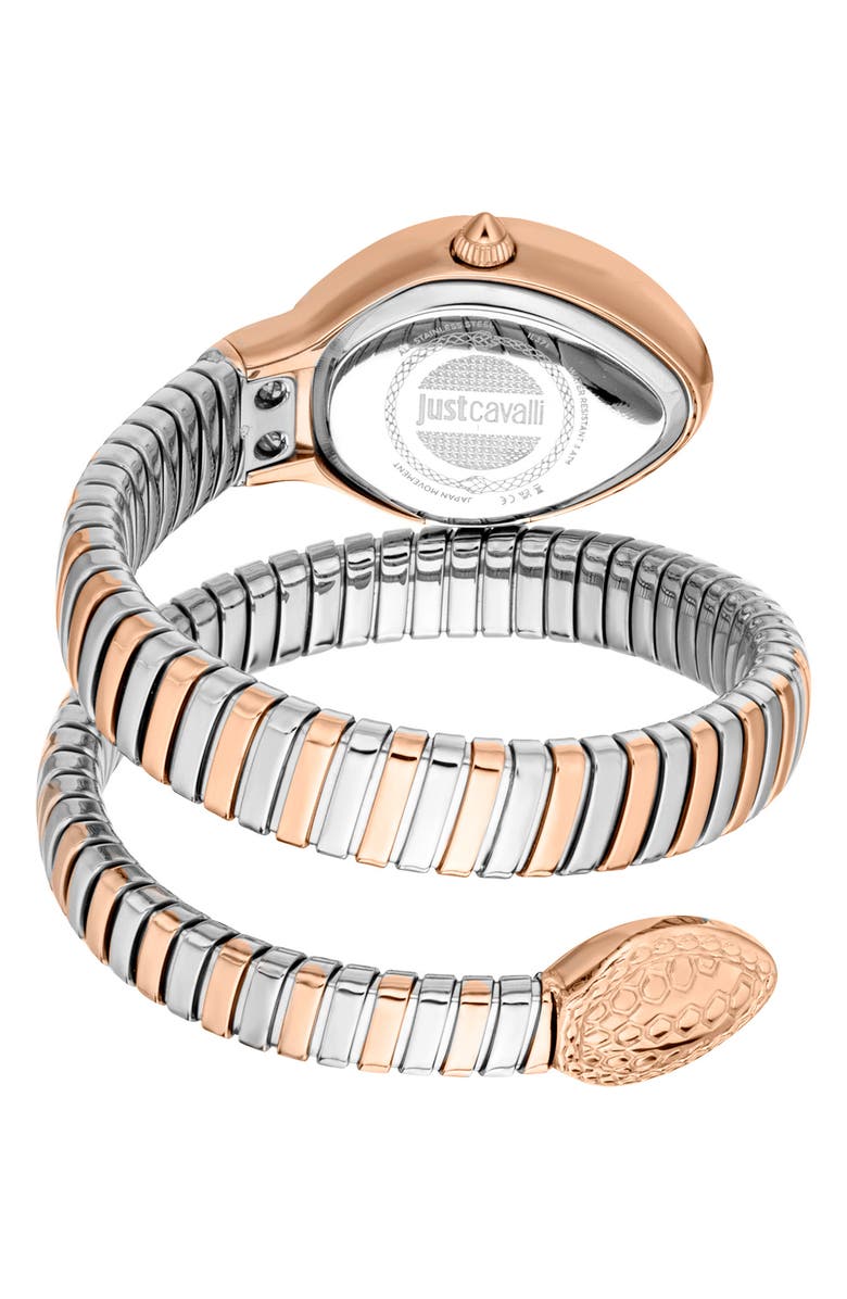 Just Cavalli Snake Wraparound Bracelet Watch, 20mm x 34.5mm, Alternate, color, Silver/ Rose Gold