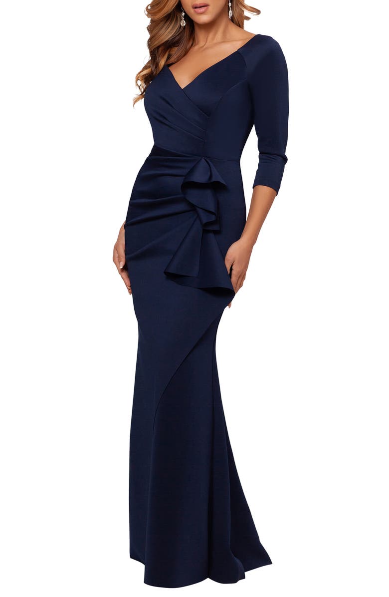 Ruched Scuba Knit Ruffle Gown