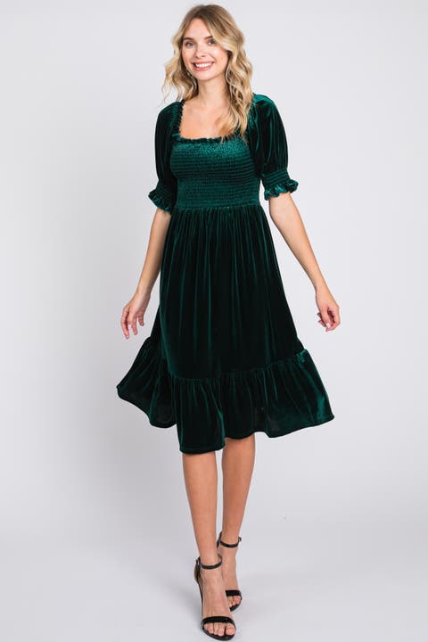 Velvet Smocked Puff Sleeve Dress