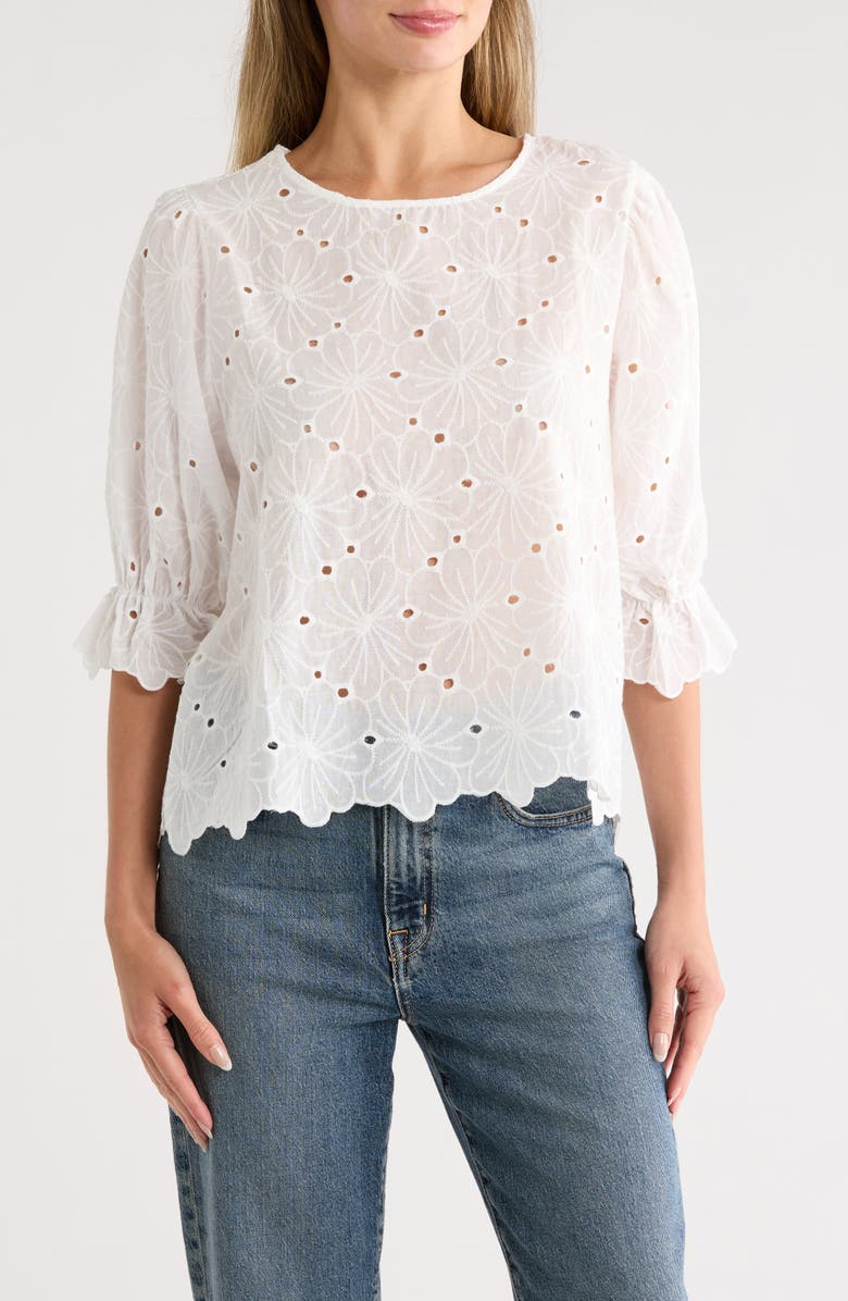 Forgotten Grace Eyelet Cotton Puff Sleeve Top, Main, color, White