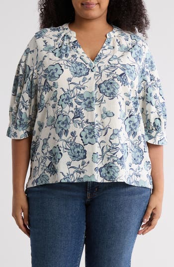CASLON CASLON® FLORAL ELBOW SLEEVE LINEN BLEND POPOVER TOP 