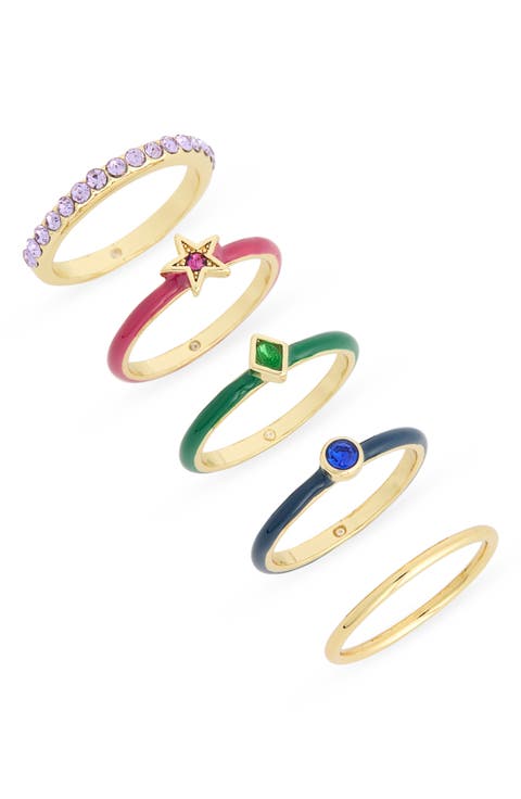 Set of 5 Multicolor Crystal & Enamel Stackable Rings