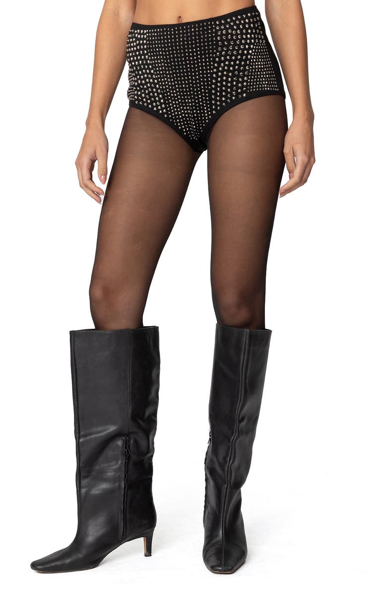 EDIKTED Rhinestone Microshorts, Main, color, Black