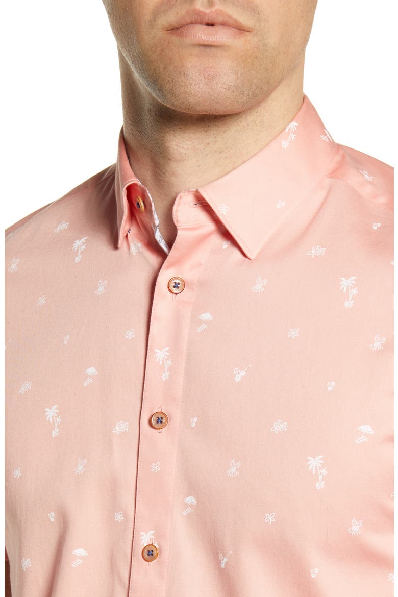 Slim Fit Tropical Print Short Sleeve Button-Up Shirt, Alternate, color, CORAL