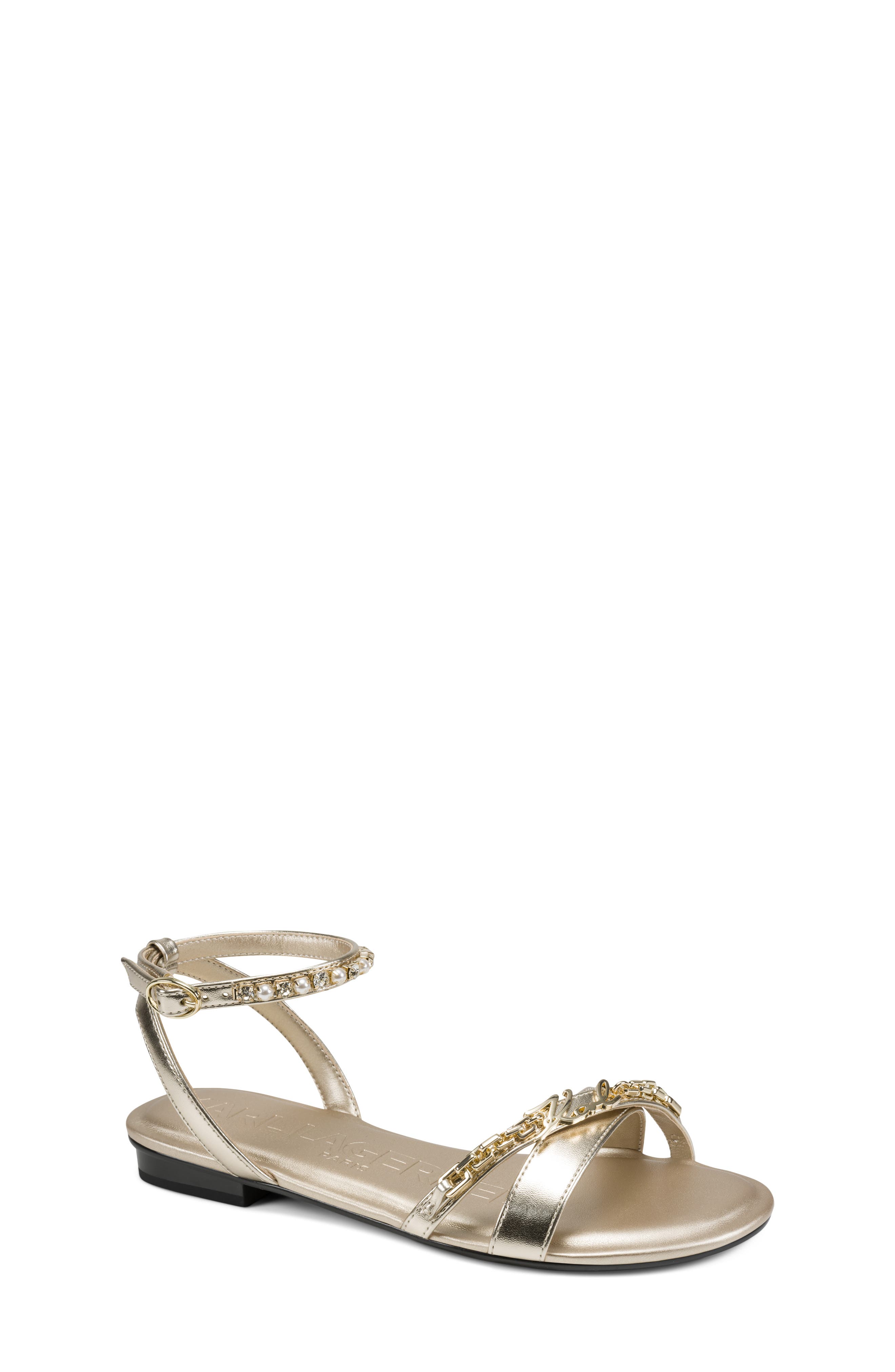 KARL LAGERFELD PARIS Christiano Ankle Strap Sandal, Main, color, White Gold