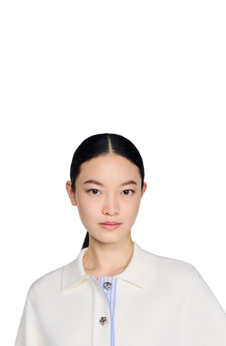 SANDRO Polo cardigan with poplin details, Alternate, color, Ecru