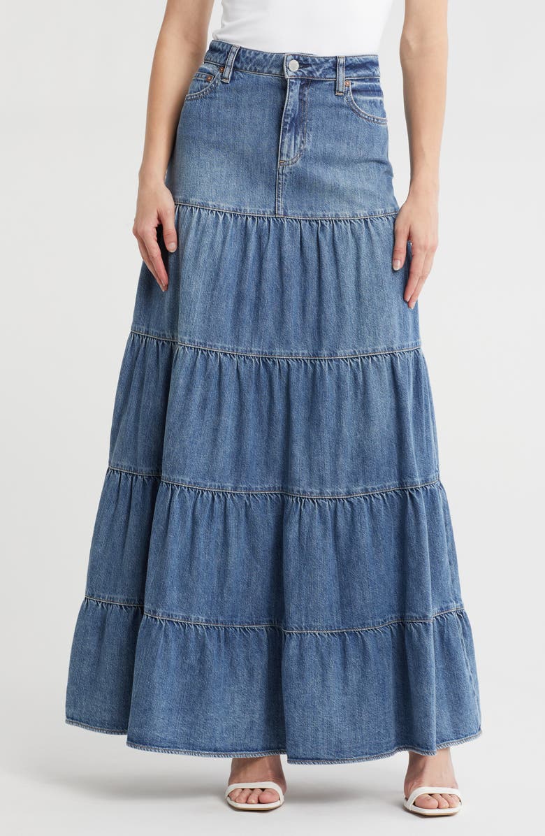 Alice + Olivia Mindy Tiered Denim Maxi Skirt, Main, color, Liana Vintage Blue