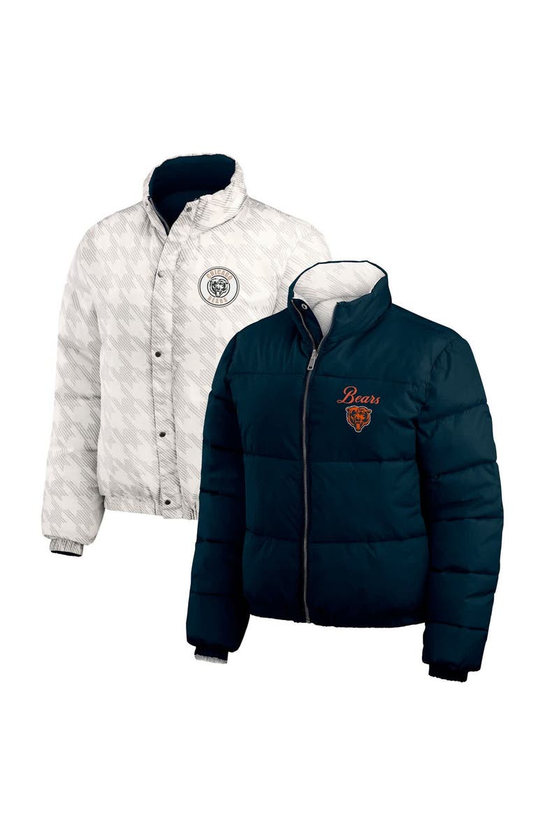 WEAR by Erin Andrews Women's WEAR by Erin Andrews  Navy/White Chicago Bears Reversible Cropped Full-Zip Puffer Jacket, Alternate, color, 